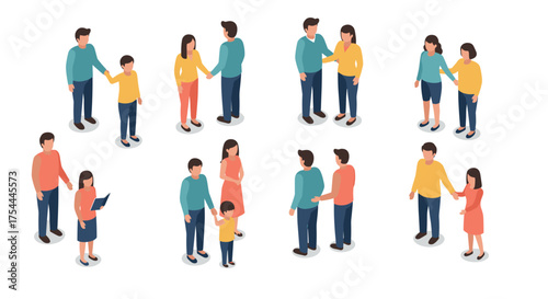 Isometric people engaging in communication and teamwork activities on a white background