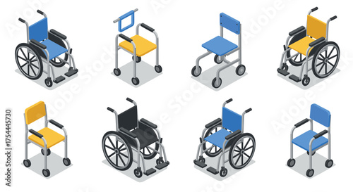 Isometric wheelchair and mobility aids set on white background