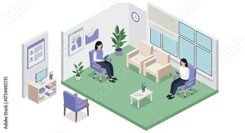Modern office waiting room in isometric design with people reading