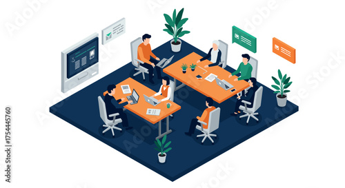 Collaborative office workspace with diverse team in modern isometric design