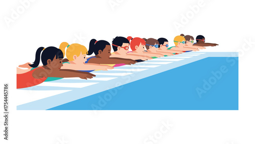 Ready to Dive: A diverse group of youngsters lined up, poised at the edge of a tranquil blue pool, anticipating the refreshing plunge ahead. A visual representation of the joy of aquatic recreation.