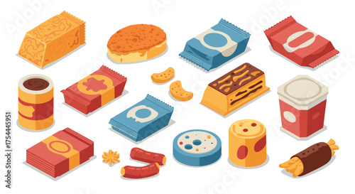 Isometric snack pack collection with colorful packaging and fast food elements