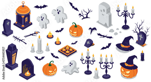 Festive isometric halloween icons with pumpkins, ghosts, and candles