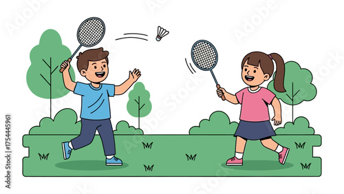 Badminton Fun: Two youngsters are fully engaged in a lively game of badminton amidst a lush green park. Displaying teamwork, athleticism, and unbridled enjoyment.