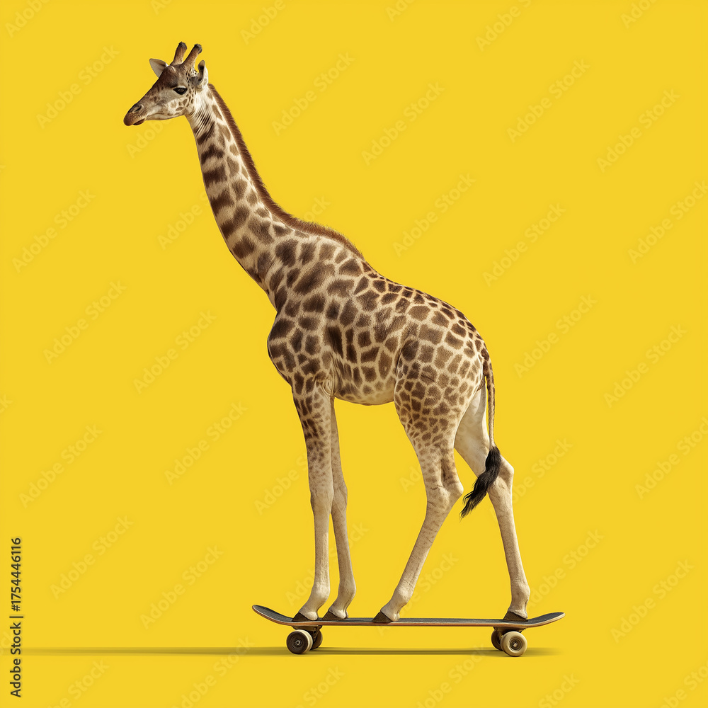 Fototapeta premium A giraffe is riding a small skateboard. The background is yellow