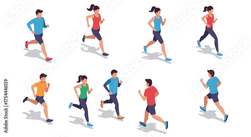 Isometric running people in activewear on white background