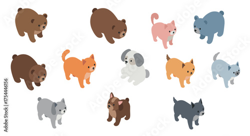 Cute isometric animals collection featuring variety of bears, cats, dogs in playful poses