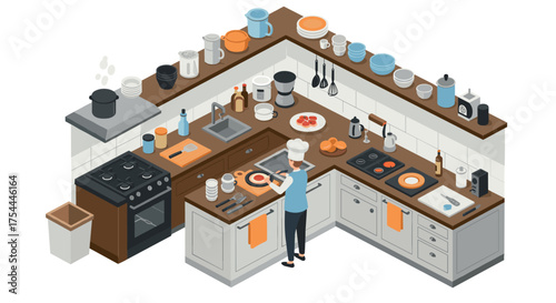 Isometric home kitchen with chef cooking in modern culinary space