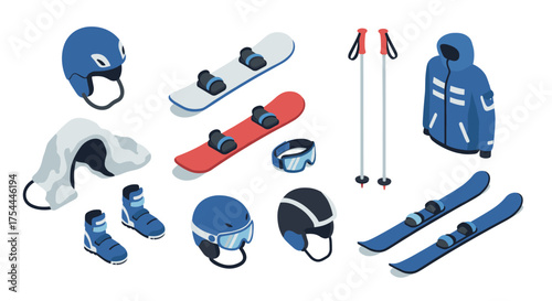 Winter sports gear isometric set featuring skiing and snowboarding equipment