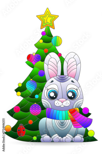 Wallpaper Mural A set of stained glass illustrations with cute bunnies and a Christmas tree, isolated on a white background Torontodigital.ca