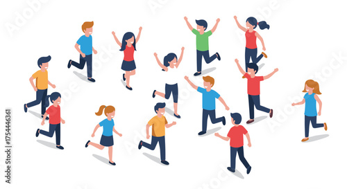 Isometric group of happy people running and cheering in casual outfits