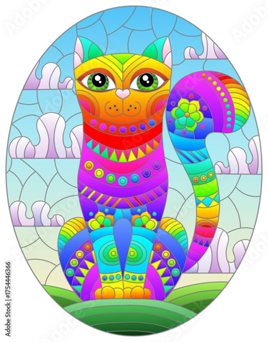 Illustration in stained glass style with abstract geometric cat and the sun on an abstract blue background