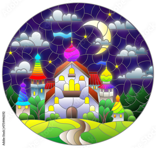 An illustration in the style of a stained glass window with an ancient castle on the background of a landscape and a night sky