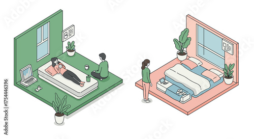 Isometric bedroom and living room with plants and relaxing people in modern minimalist interiors