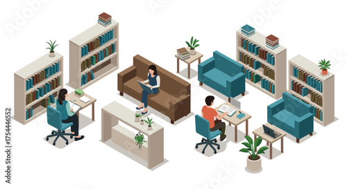 Cozy isometric reading room with modern furniture and bookshelves