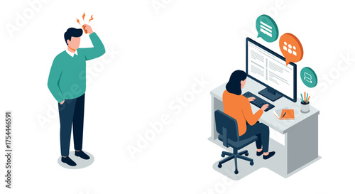 Isometric office communication concept with thoughtful man and busy woman at desk