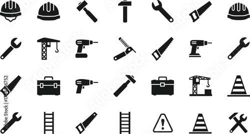 Collection of black construction and diy tools and safety equipment icons isolated on transparent background
