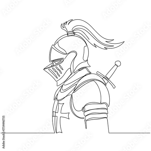 Knight in armor and helmet in one line art style, black and white, representing chivalry and valor, with copy space