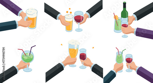 Hands holding various drinks including beer wine and cocktails in isometric style