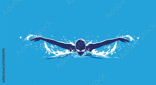 Swimmer Performing Butterfly Stroke: Dynamic Water Splash and Silhouette on Blue Background
