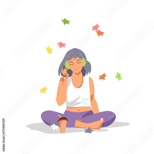 a girl with headphones. music. a woman listens to music. relaxation. a man drinks coffee on vacation