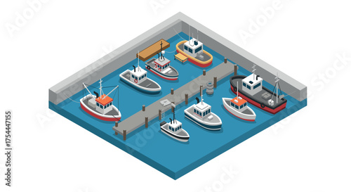 Isometric harbor scene with various boats at dock