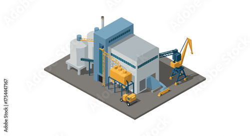 Isometric industrial factory scene with cranes and silos