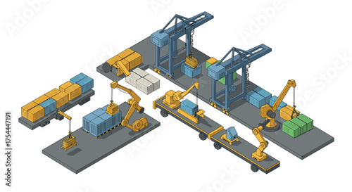 Isometric shipping port with cranes, containers, and automated systems