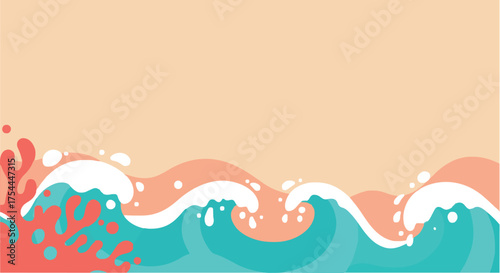 Abstract Ocean Waves and Coral Splash Background with Copy Space in Retro Flat Design