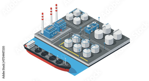 Isometric industrial harbor with oil refinery and cargo ship