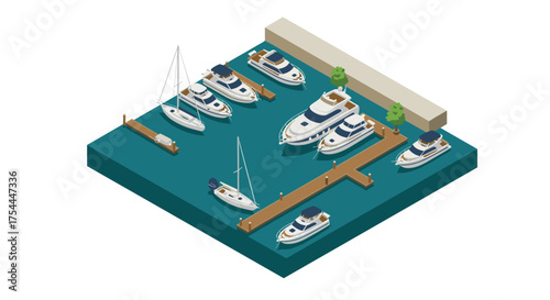 Isometric marina view with luxury yachts and boats anchored at the dock