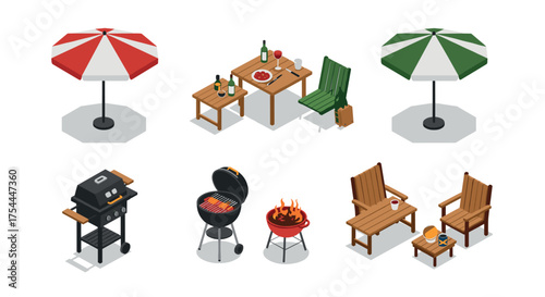 Summer patio essentials: isometric bbq grills, furniture, and umbrellas