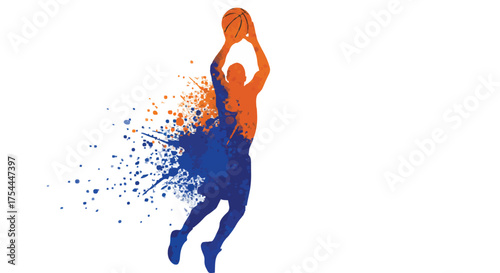 Explosive Basketball Slam Dunk: Dynamic Player Silhouette with Blue and Orange Splatter Effect