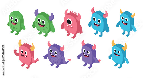 Colorful cartoon monsters with horns and one eye in isometric style