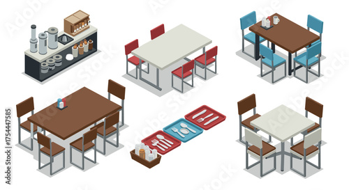 Isometric dining sets and tableware for modern restaurant interiors
