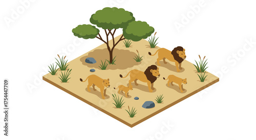Isometric safari scene with lion family in natural habitat