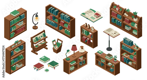 Isometric bookshelves and home library elements with books and decor