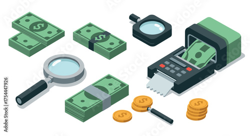 Isometric financial tools and currency: magnifying glasses, money stacks, coins, receipt printer