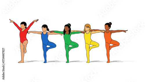 Balance and Harmony: A group of young gymnasts, adorned in vibrant leotards, demonstrate a graceful balance.