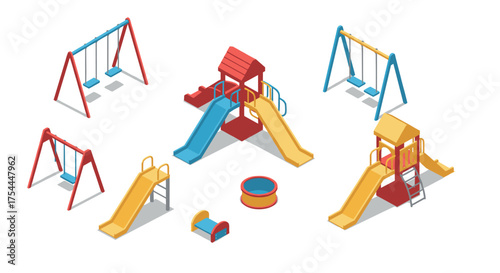 Playground equipment collection with slides and swings in isometric style