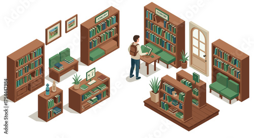Cozy isometric library: man reading and exploring bookshelves in a modern interior