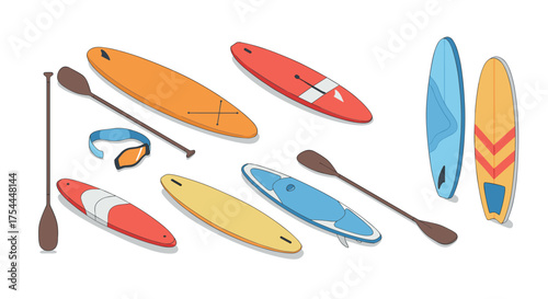 Colorful surfboards and paddles collection on white background