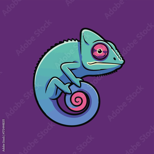 Stylized Teal Chameleon with Swirling Tail and Pink Eyes