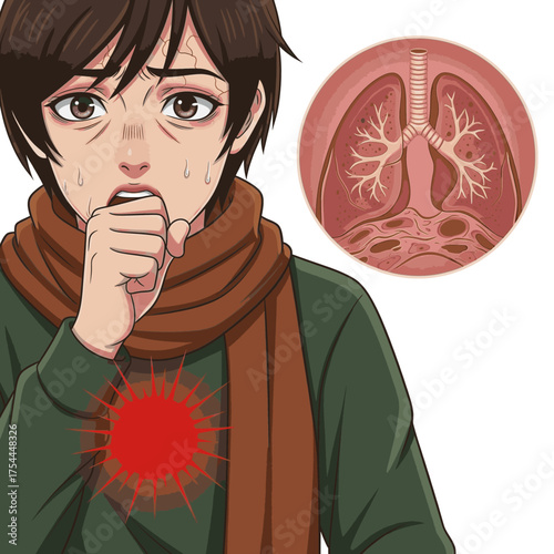 Worried character suffering from flu symptoms with lungs illustration for educational health content, highlighting discomfort and respiratory distress