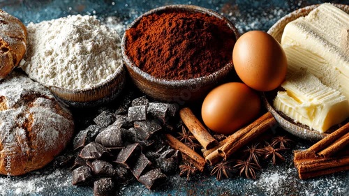 Baking ingredients arrangement: flour, cocoa, eggs, butter, chocolate, and spices on rustic surface