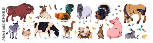 Set of different farm animals. Countryside livestock. Ranch fauna. Domestic birds, chickens, pigs, cows, cute rabbits, donkeys and sheep. Flat isolated vector illustrations on white background