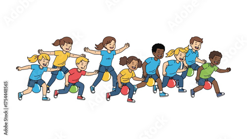 Children's Balloon Race: A vibrant group of children joyfully participate in a balloon race, their faces beaming with excitement and anticipation as they bounce forward