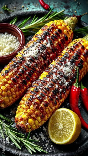 Grilled mexican street corn with lime and cheese garnish on rustic platter