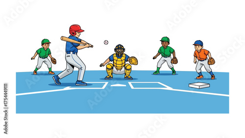 Baseball Game Moment: Capturing the essence of a baseball game, with a batter ready, catcher poised, and fielders strategically positioned, all set against a backdrop of anticipation.