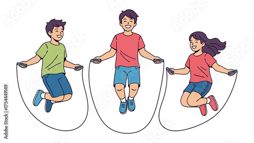 Jump Rope Trio: A group of energetic children skip and jump with a jump rope in joyful harmony, radiating energy and excitement in an illustration of youthful energy.